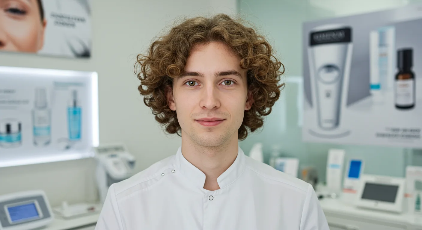Male esthetician wearing a white lab coat and working in an esthetics setting.
